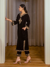 Silk Velvet Embroidered Kurta Set (Coffee Brown)